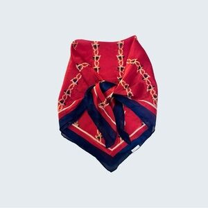 Vintage 80s Equestrian Chain Print Scarf Red Navy 23” Square Satin